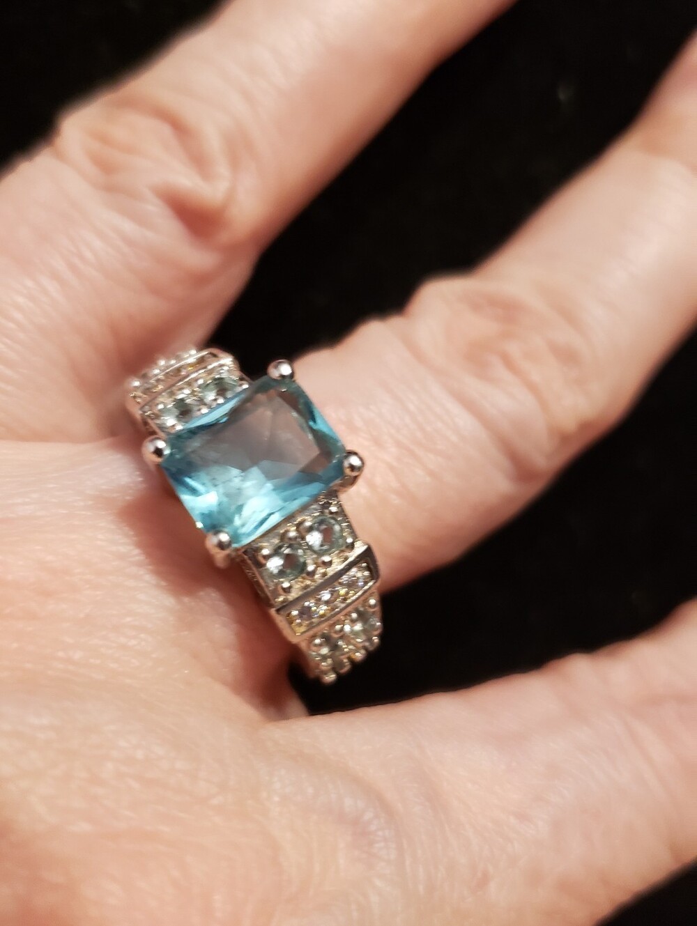 NEW Sterling Stamped S925 emerald-cut Aquamarine, Size 10 Flanked W/smaller Aqua - Picture 5 of 8